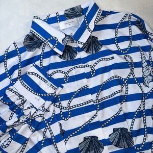 HALFHEART Blue Stripe Button Up Shirt Dress Ruched Waist Beach Womens Sz M